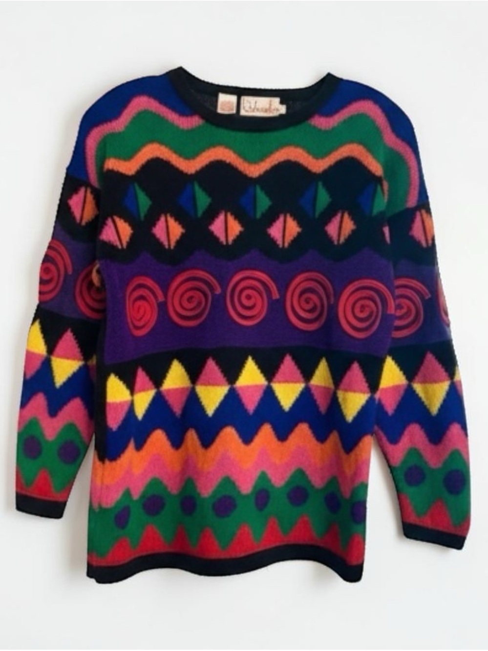 Rafaella Colorful Geometric Vintage Crewneck Sweater with 3D Accents, Sz.SP